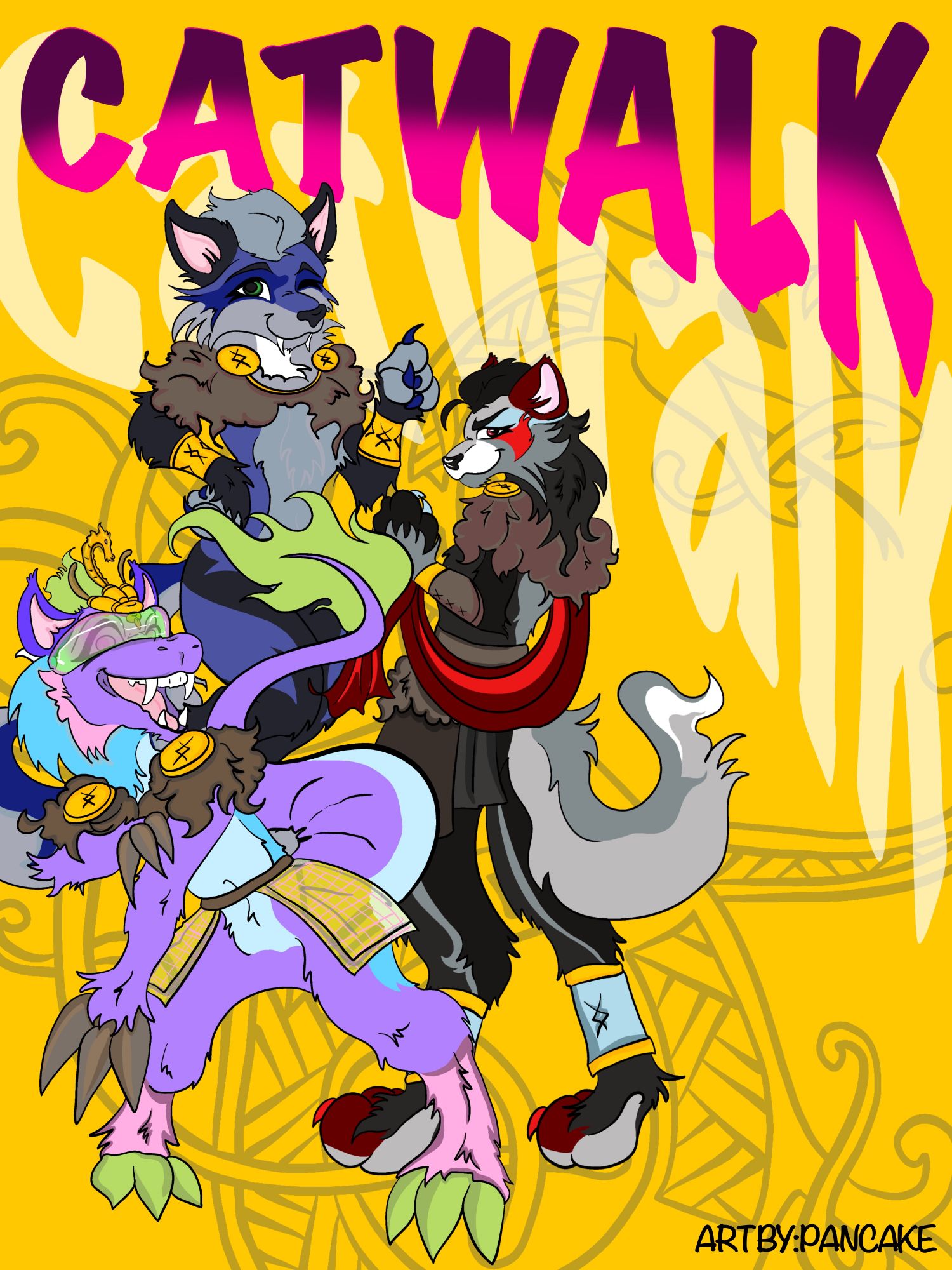 Plakat: Catwalk – drei Fursuit-Charaktere in Pose vor gelbem Hintergrund