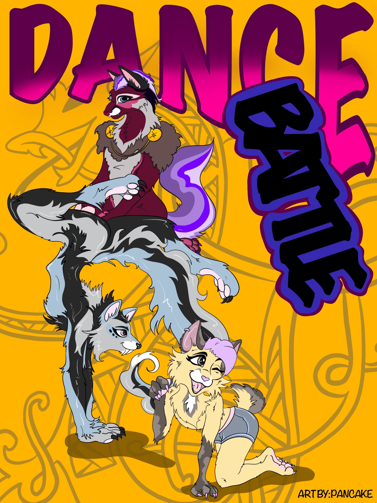 Plakat: Dance Battle – drei tanzende Wölfe und Katzen vor orangem Hintergrund