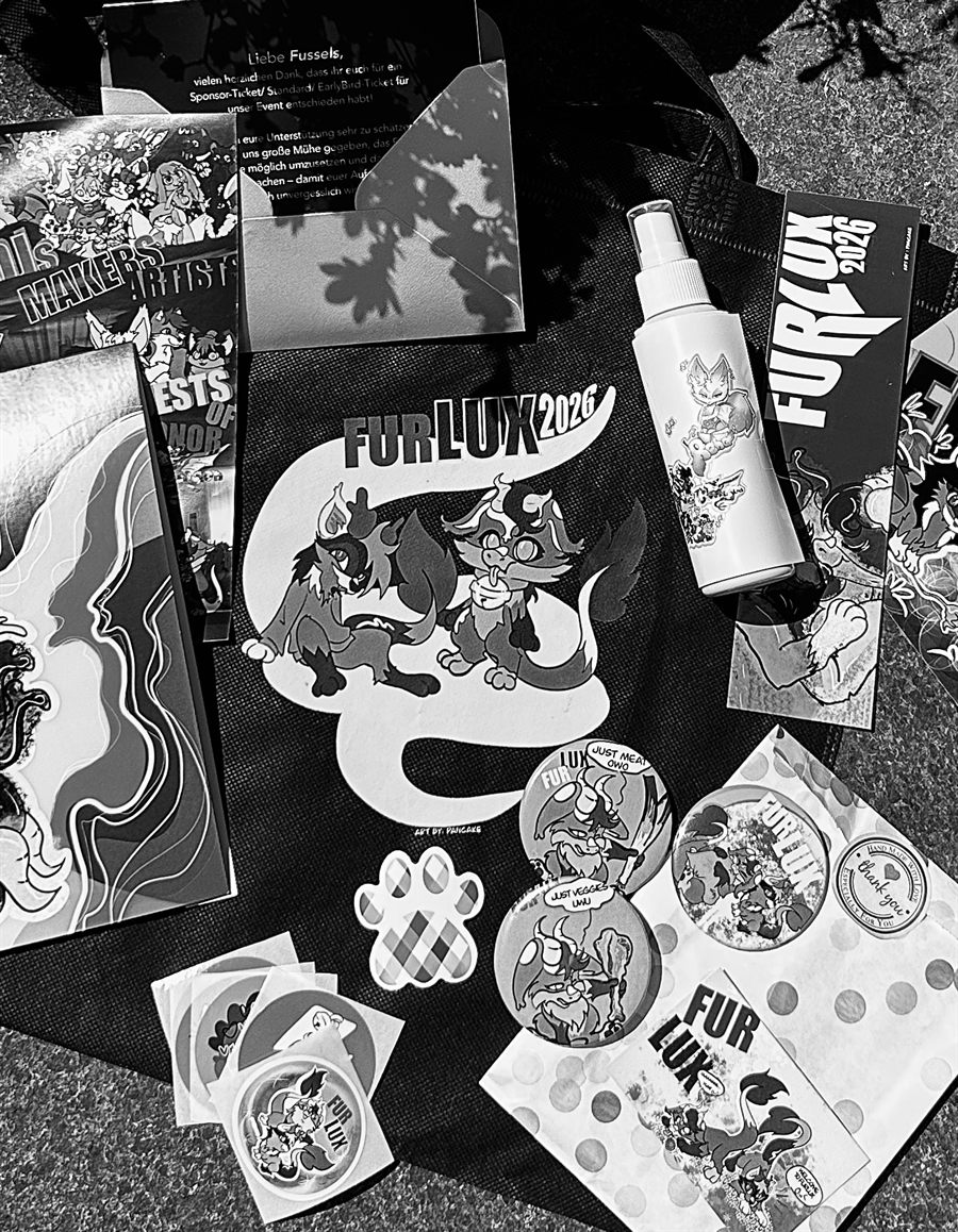 FurLux 2026 Merch: Tasche, Buttons, Sticker und Bookmark